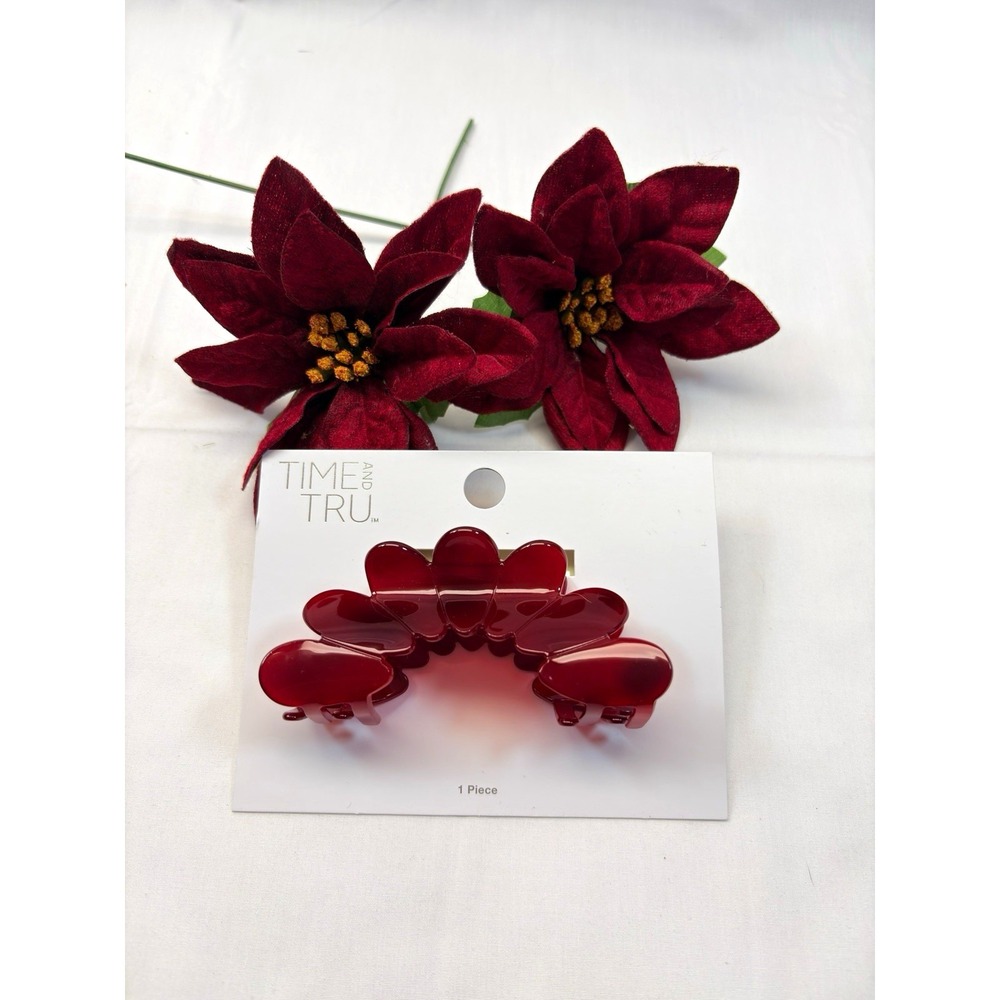 Time and Tru Red Acrylic Flower Hair Claw Clip, Glossy Solid Classic I-562